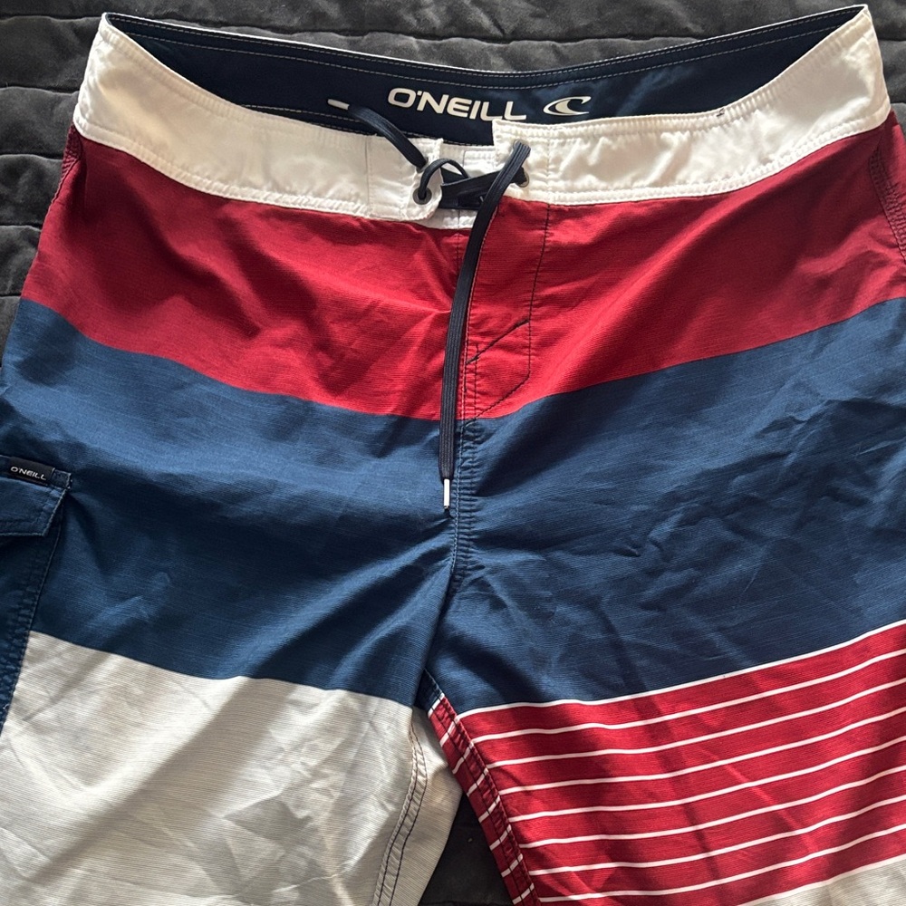 O'Neill Red, Blue, and White Board Shorts
